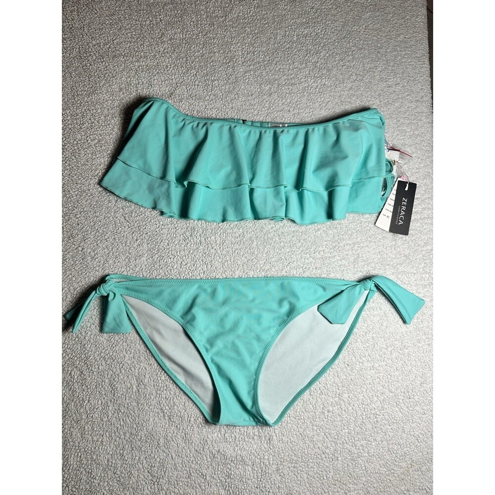 ZERACA NWT Turquoise Ruffle Bandeau Bikini Sz XL 2 Pc Bathing Suit Swimwear